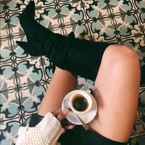 Black Over the Knee Slouchy Cone Heel Boot - Picture 1 of 8